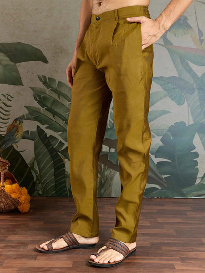 Golden Olive Silk Kurta Set With Thread Sequins Embroidery Work Koti(Jacket)