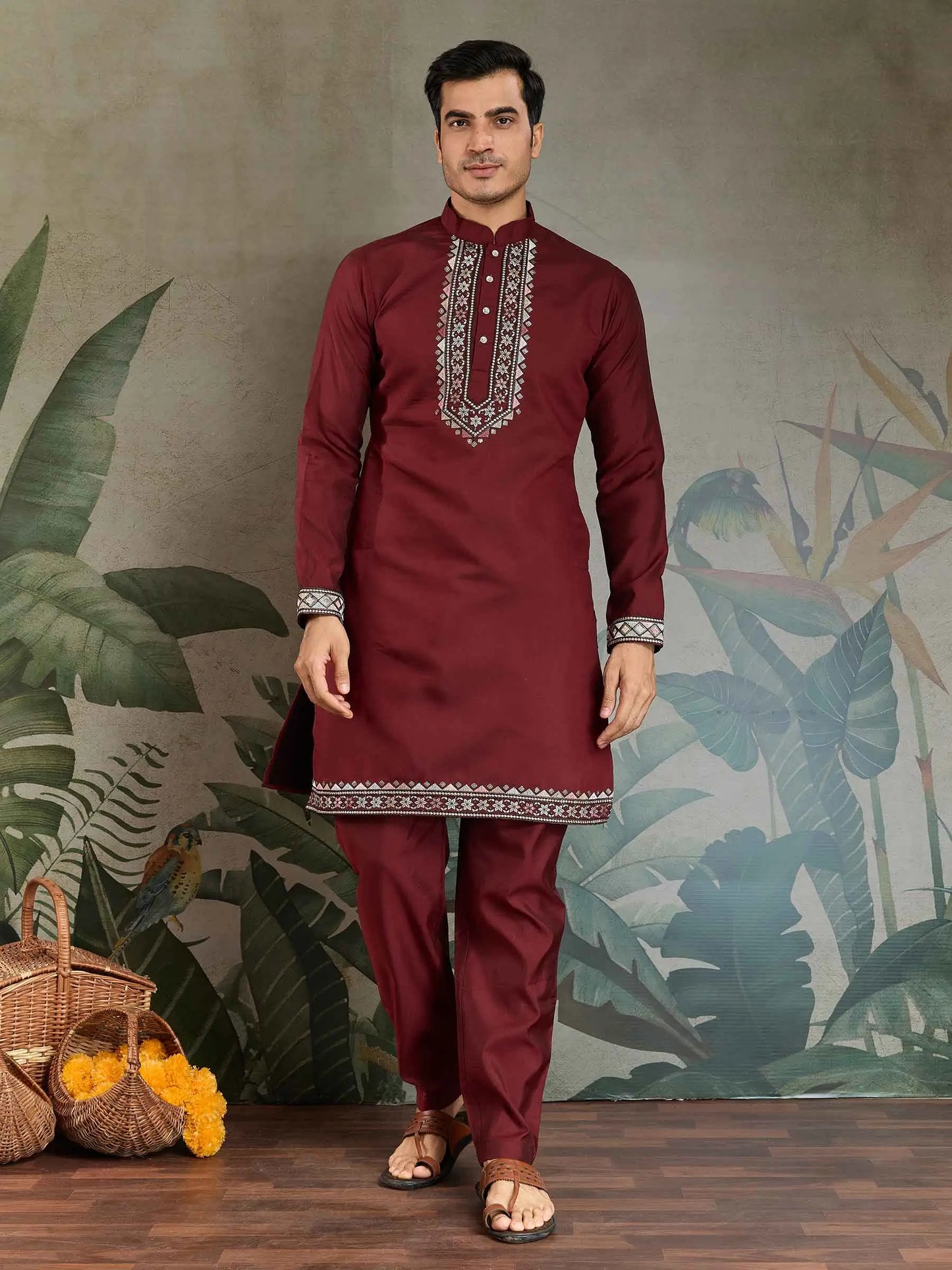 Maroon Wedding Wear Thread Sequins Embroidery Work Kurta And Koti(Jacket)