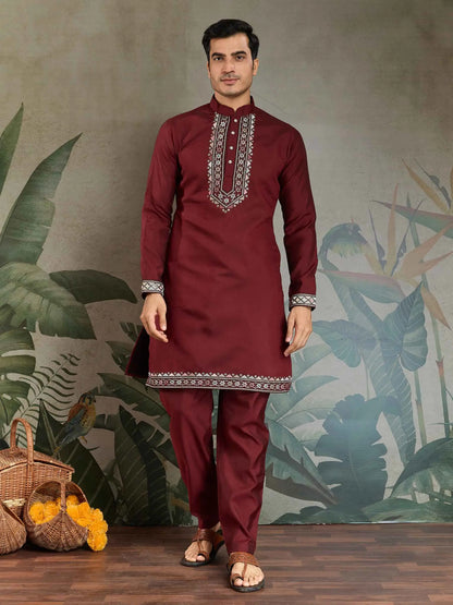 Maroon Wedding Wear Thread Sequins Embroidery Work Kurta And Koti(Jacket)