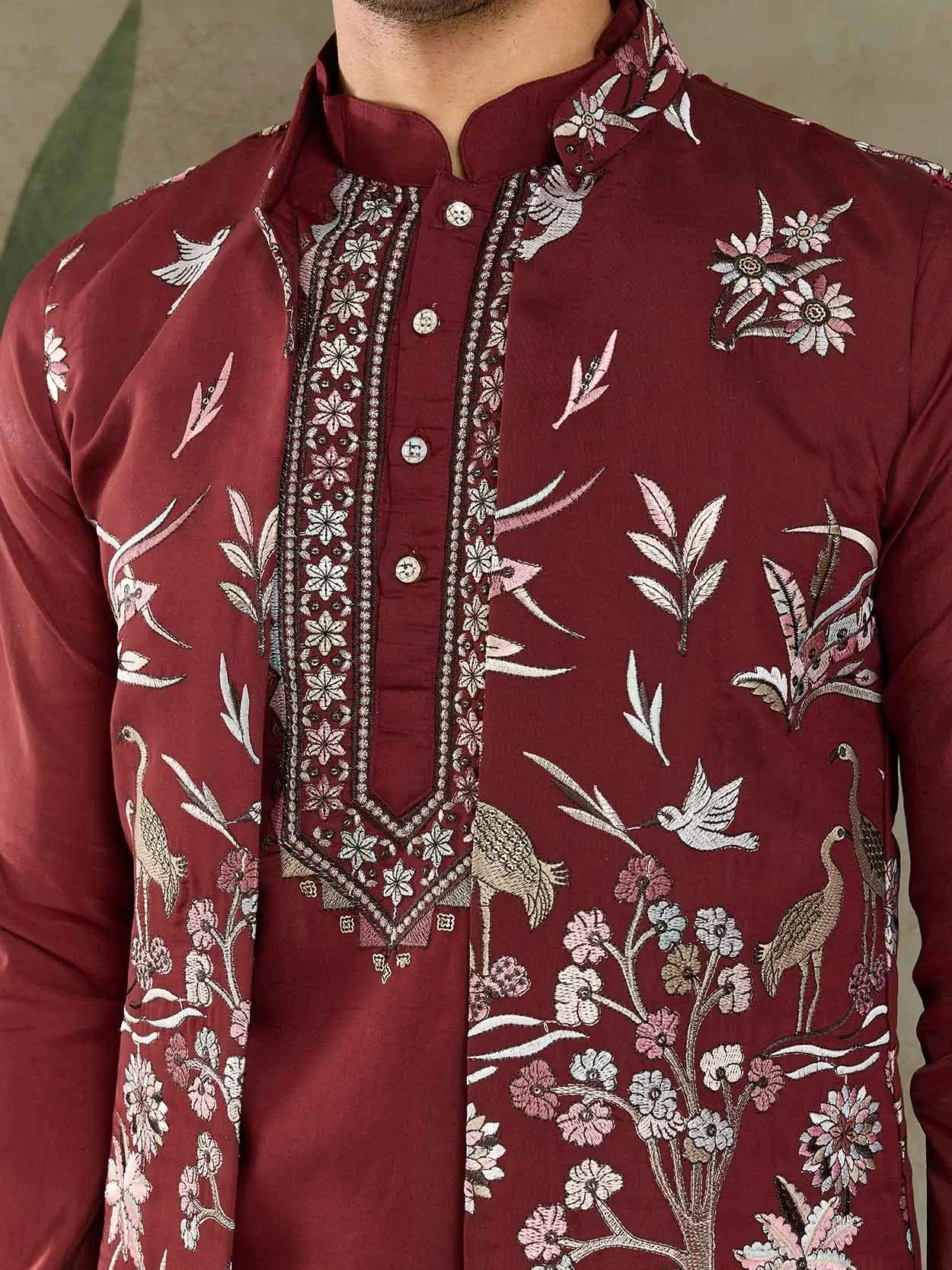 Maroon Wedding Wear Thread Sequins Embroidery Work Kurta And Koti(Jacket)