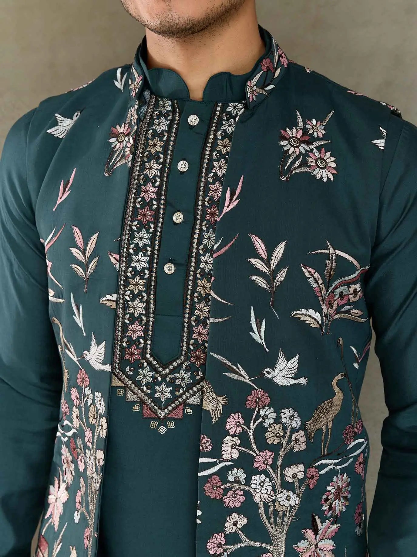 Mineral Green Wedding Wear Kurta With Thread Sequins Embroidery Work Jacket