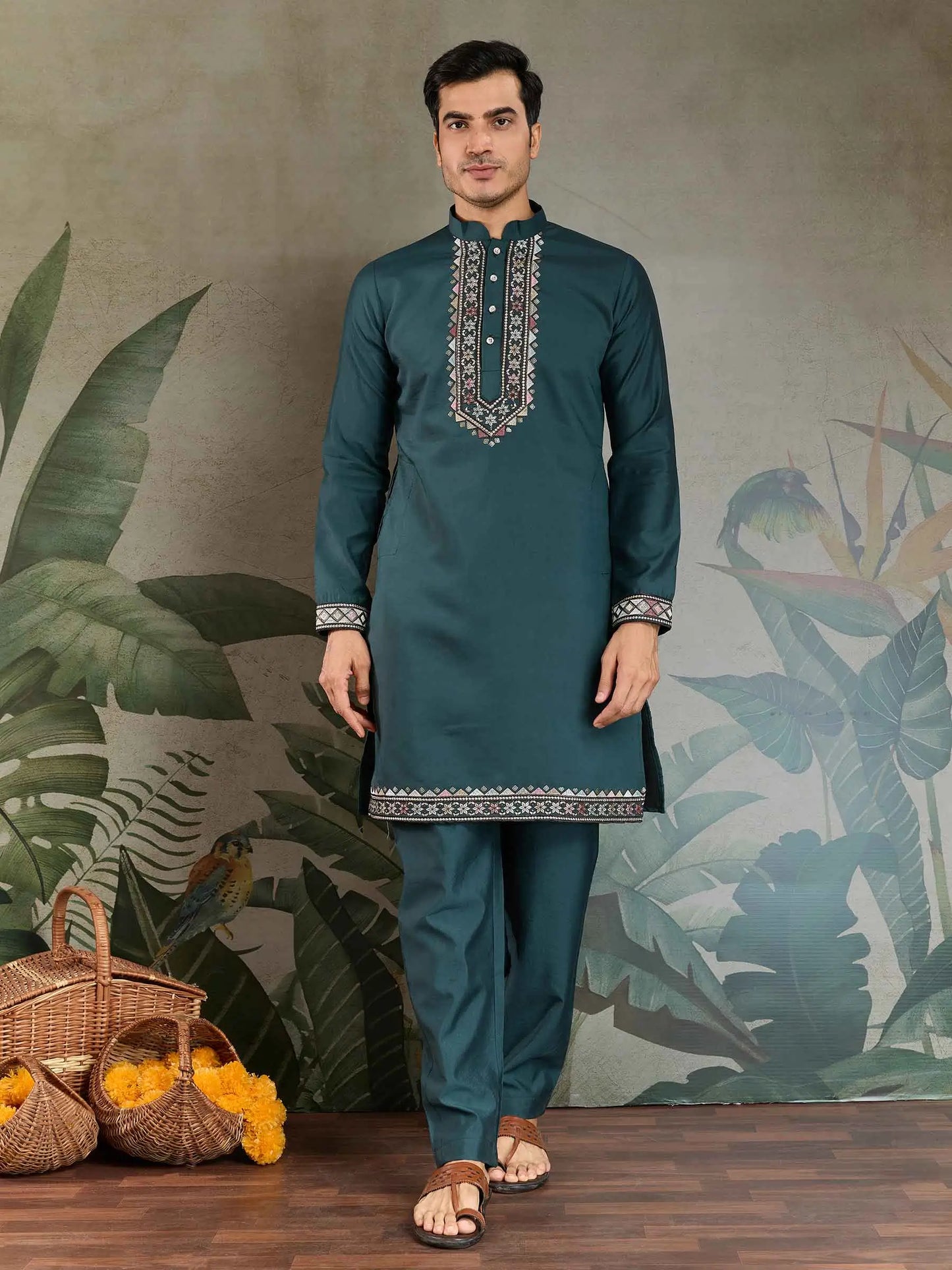 Mineral Green Wedding Wear Kurta With Thread Sequins Embroidery Work Jacket