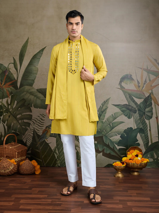 Yellow Jari & Mirror Work Kurta Set With Pant & Dupatta