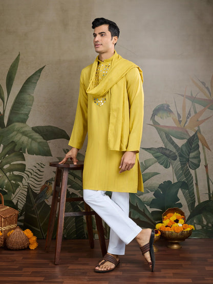 Yellow Jari & Mirror Work Kurta Set With Pant & Dupatta