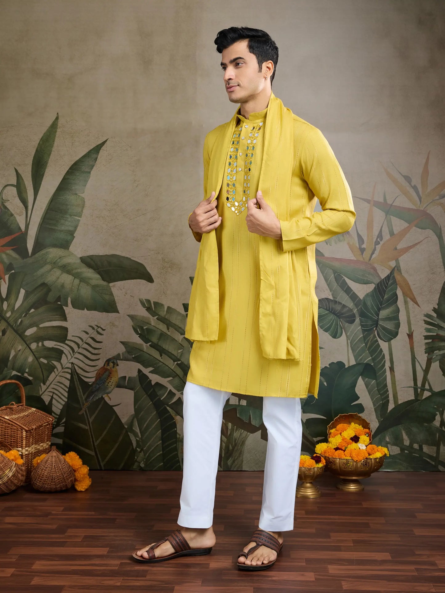 Yellow Jari & Mirror Work Kurta Set With Pant & Dupatta