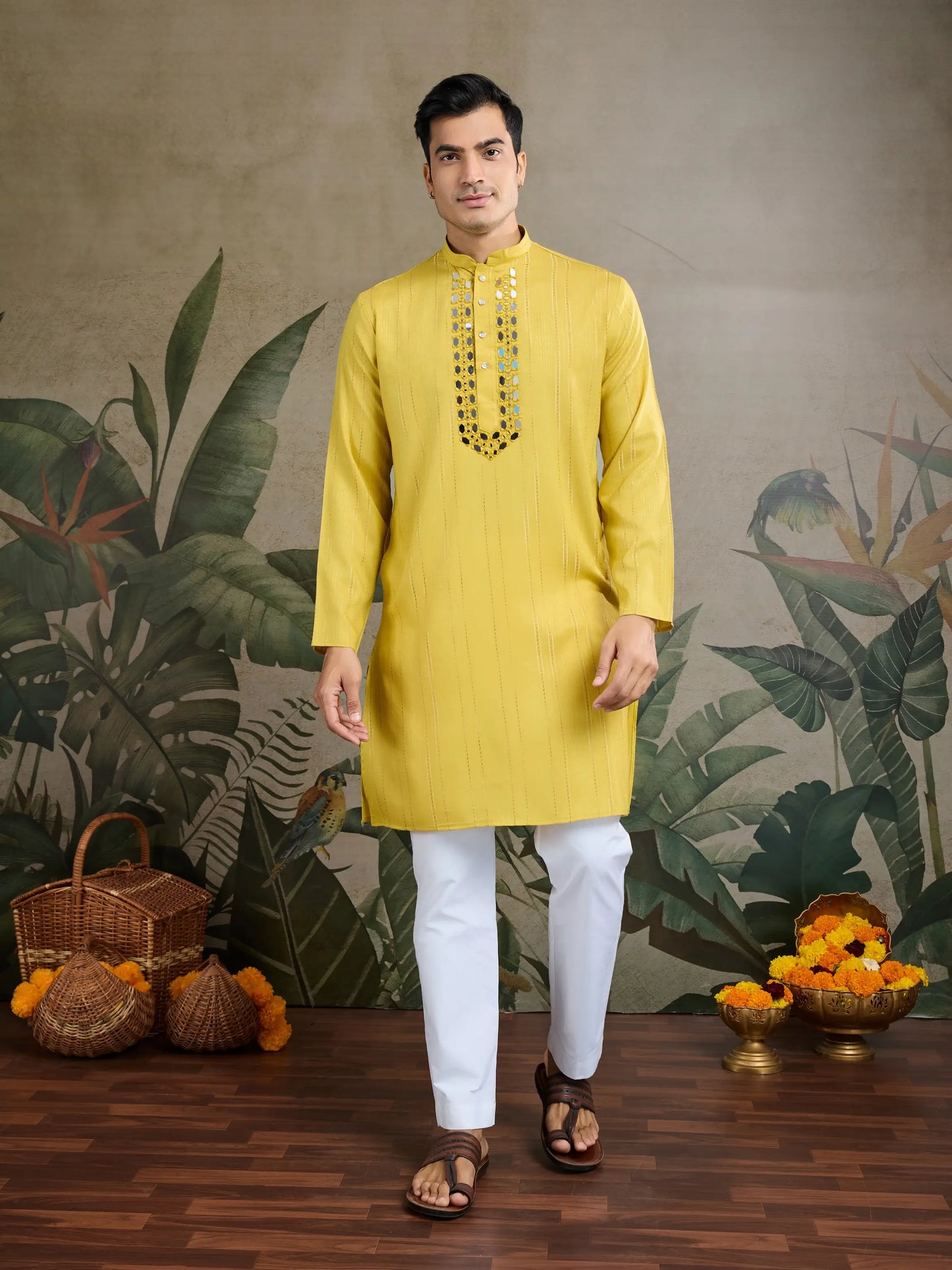 Yellow Jari & Mirror Work Kurta Set With Pant & Dupatta