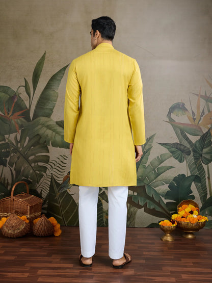Yellow Jari & Mirror Work Kurta Set With Pant & Dupatta