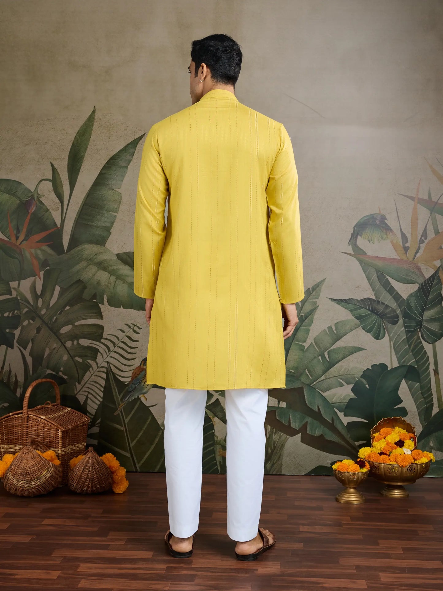 Yellow Jari & Mirror Work Kurta Set With Pant & Dupatta