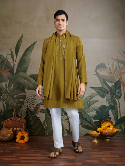 Rust Yellow Mirror Work And Zari Work Rayon Kurta & Dupatta With Pant
