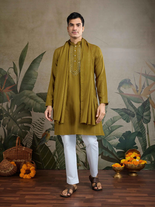 Rust Yellow Mirror Work And Zari Work Rayon Kurta & Dupatta With Pant
