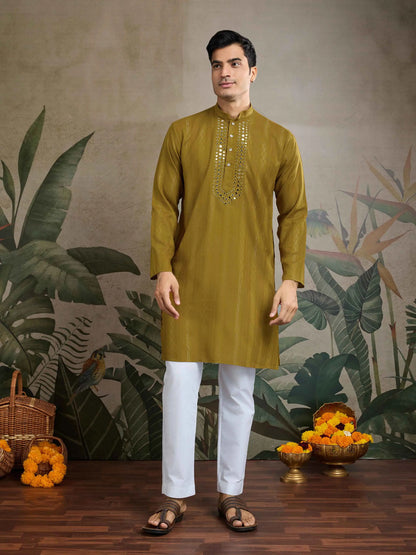 Rust Yellow Mirror Work And Zari Work Rayon Kurta & Dupatta With Pant