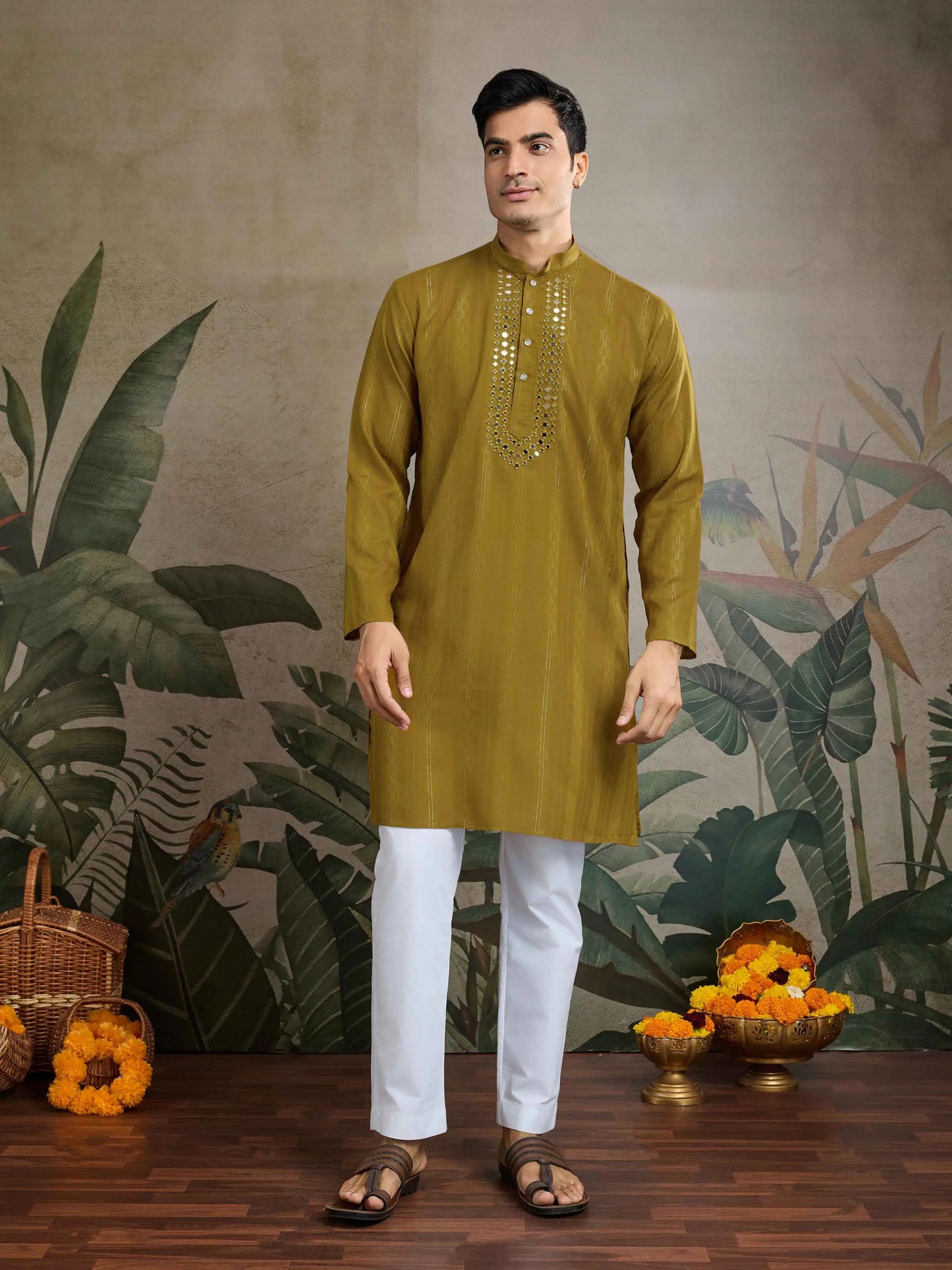 Rust Yellow Mirror Work And Zari Work Rayon Kurta & Dupatta With Pant