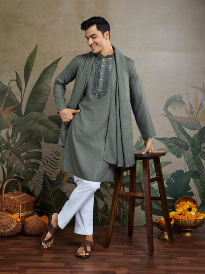 Rust Green Mirror Work And Zari Work Rayon Kurta & Dupatta With Pant