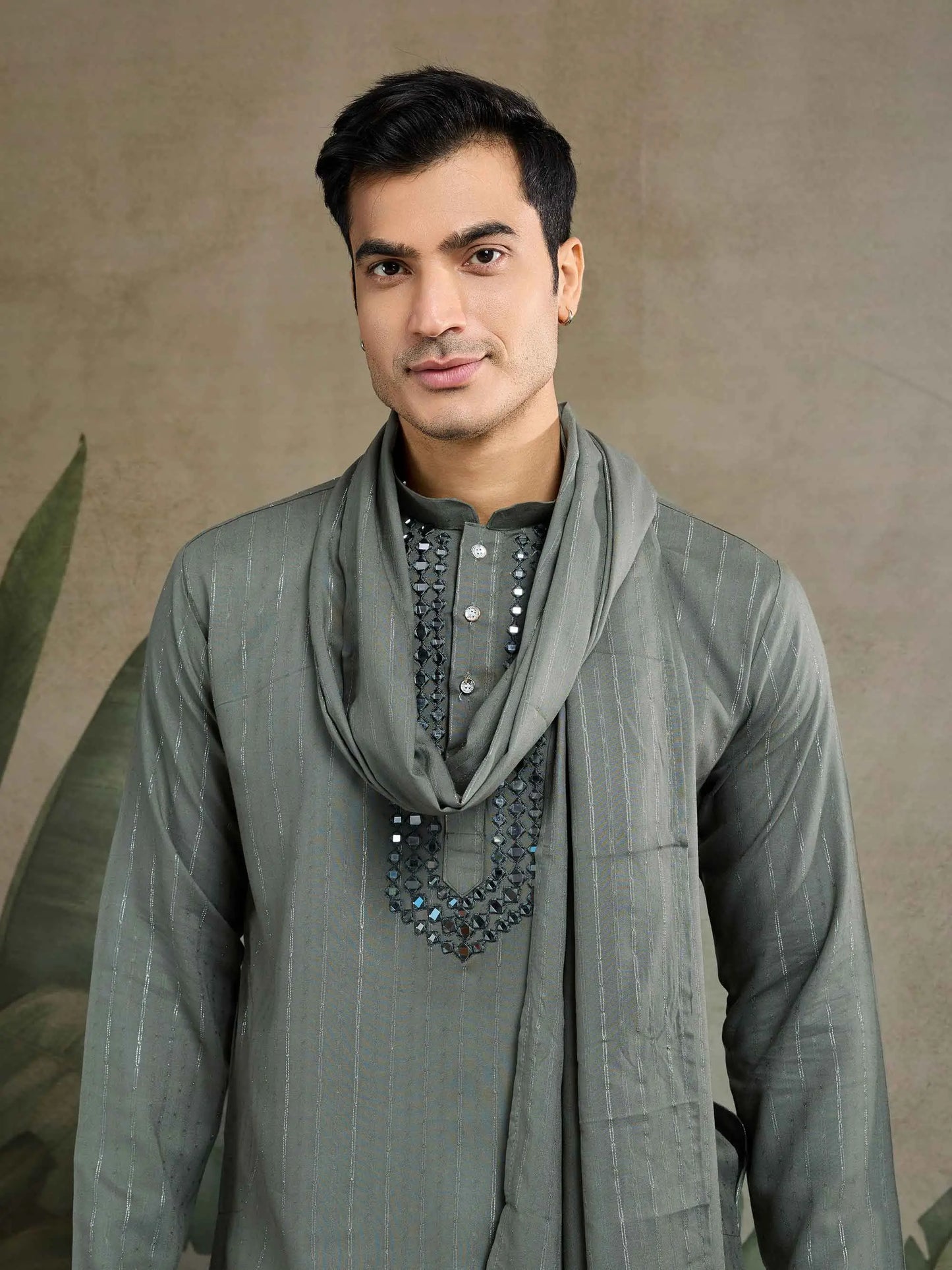 Rust Green Mirror Work And Zari Work Rayon Kurta & Dupatta With Pant