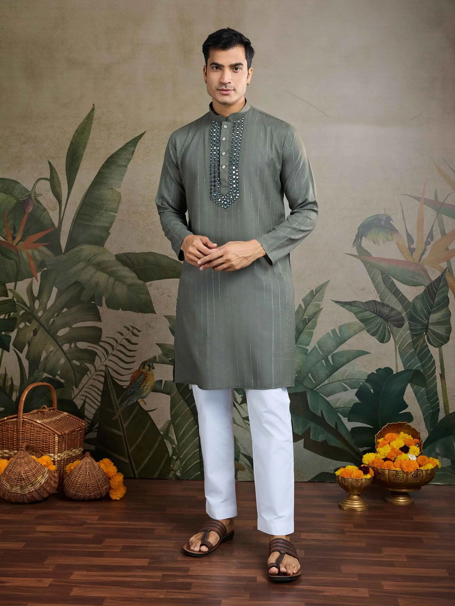 Rust Green Mirror Work And Zari Work Rayon Kurta & Dupatta With Pant