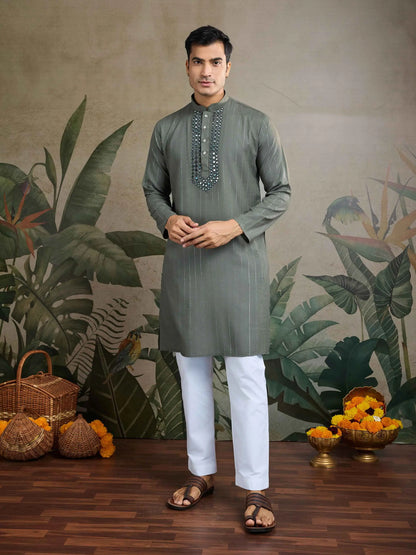 Rust Green Mirror Work And Zari Work Rayon Kurta & Dupatta With Pant