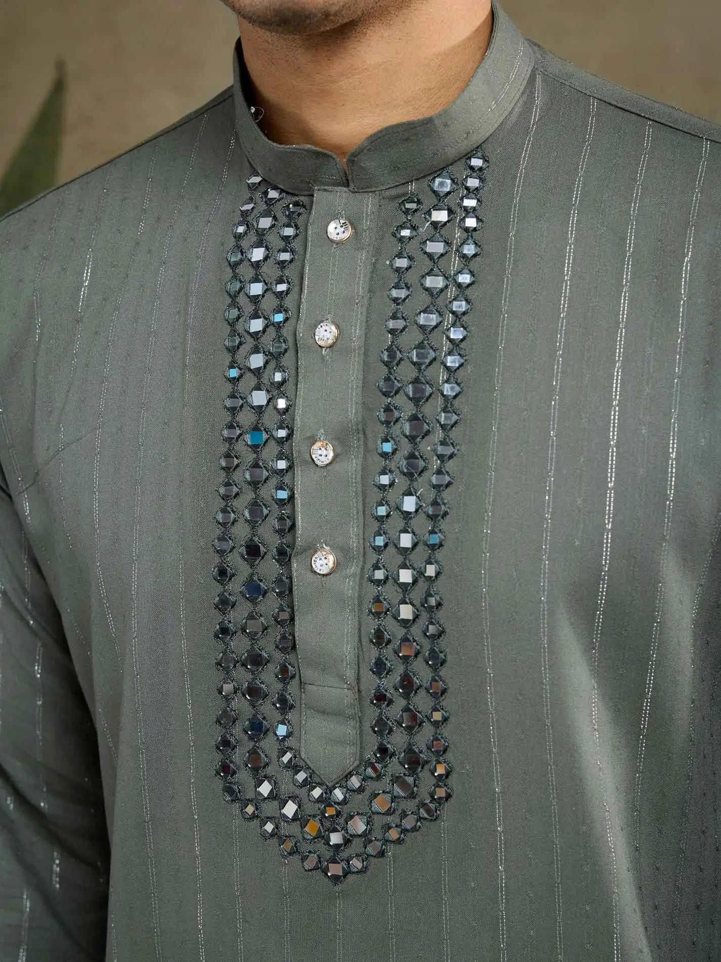 Rust Green Mirror Work And Zari Work Rayon Kurta & Dupatta With Pant