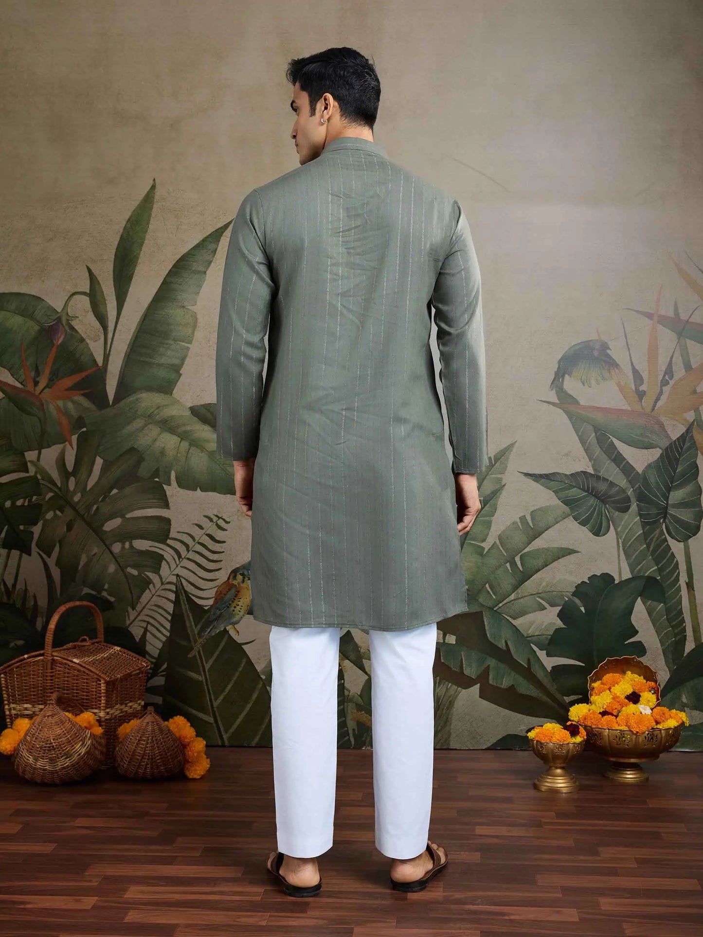 Rust Green Mirror Work And Zari Work Rayon Kurta & Dupatta With Pant