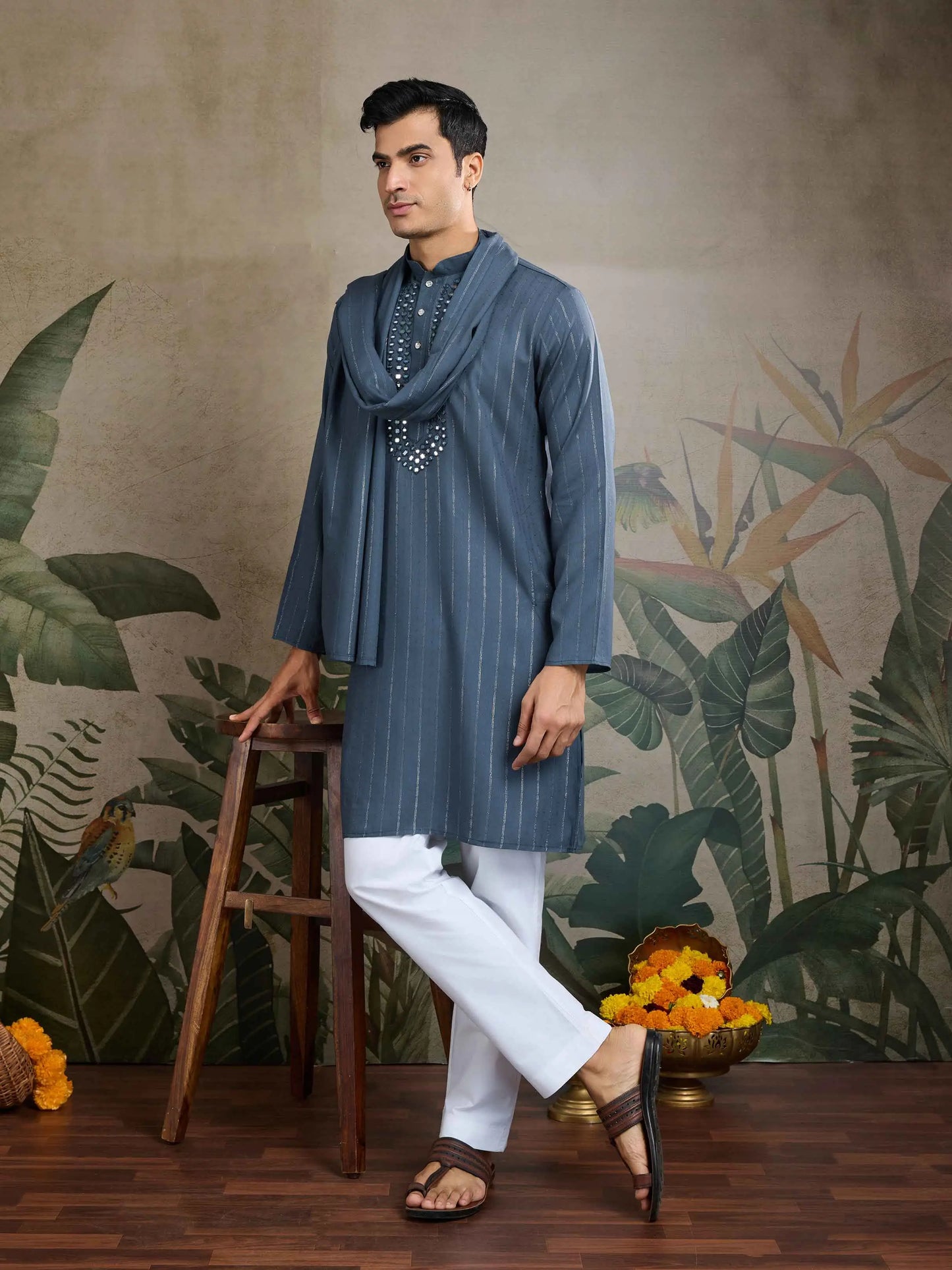 Marble Blue Mirror Work And Zari Work Rayon Kurta & Dupatta With Pant