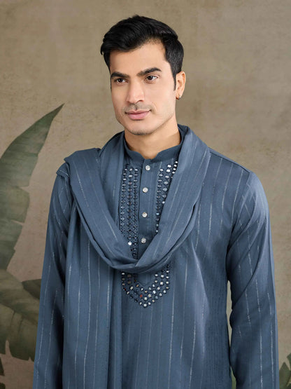 Marble Blue Mirror Work And Zari Work Rayon Kurta & Dupatta With Pant