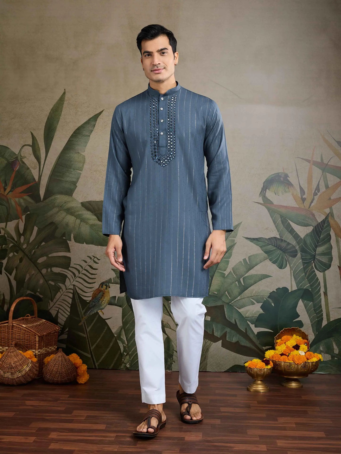 Marble Blue Mirror Work And Zari Work Rayon Kurta & Dupatta With Pant