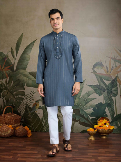 Marble Blue Mirror Work And Zari Work Rayon Kurta & Dupatta With Pant
