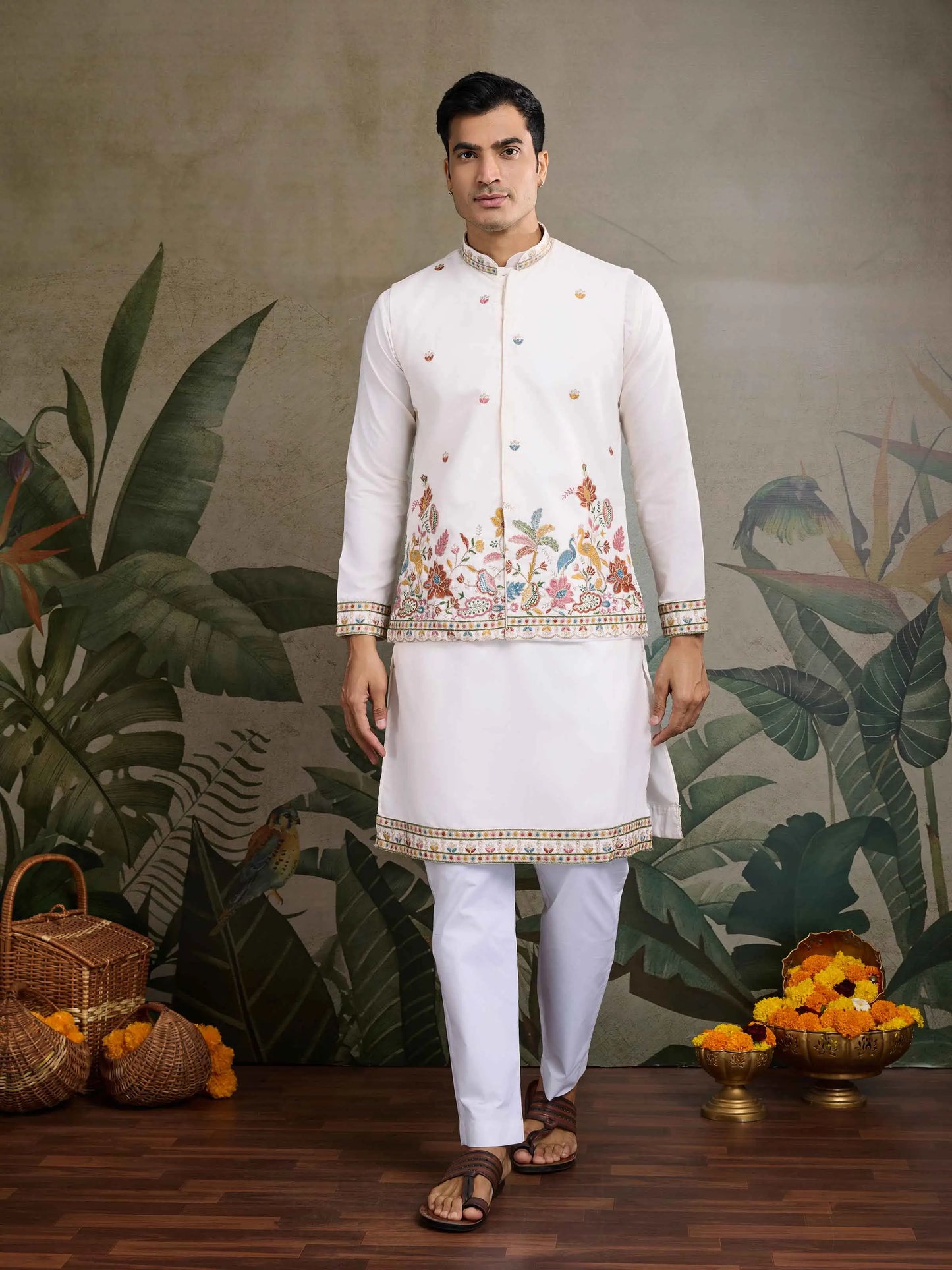 White Party Wear Thread Sequins Embroidery Work Kurta And Koti(Jacket)