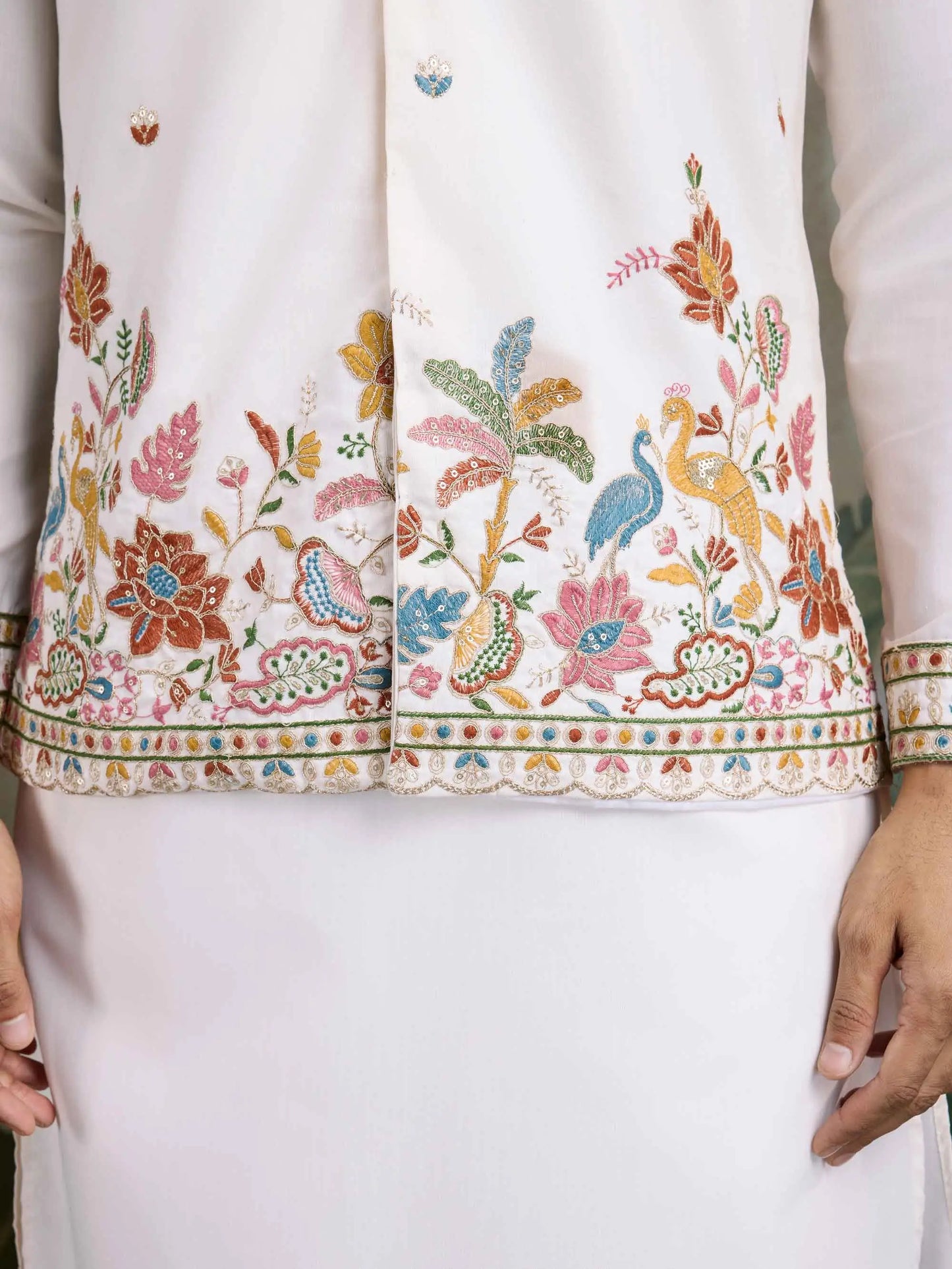 White Party Wear Thread Sequins Embroidery Work Kurta And Koti(Jacket)
