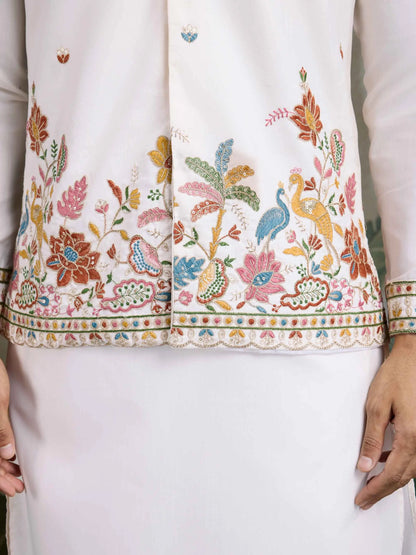 White Party Wear Thread Sequins Embroidery Work Kurta And Koti(Jacket)