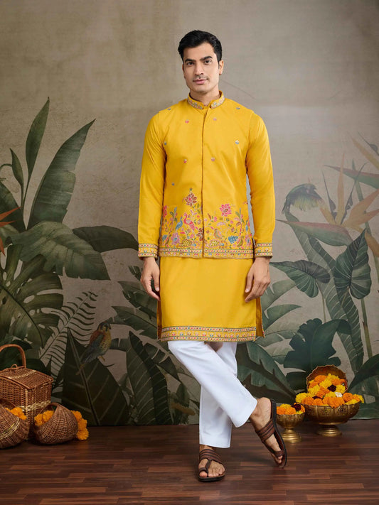 Yellow Thread Sequins Embroidery Work Party Wear Kurta And Jacket