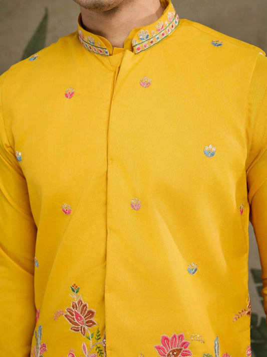 Yellow Thread Sequins Embroidery Work Party Wear Kurta And Jacket