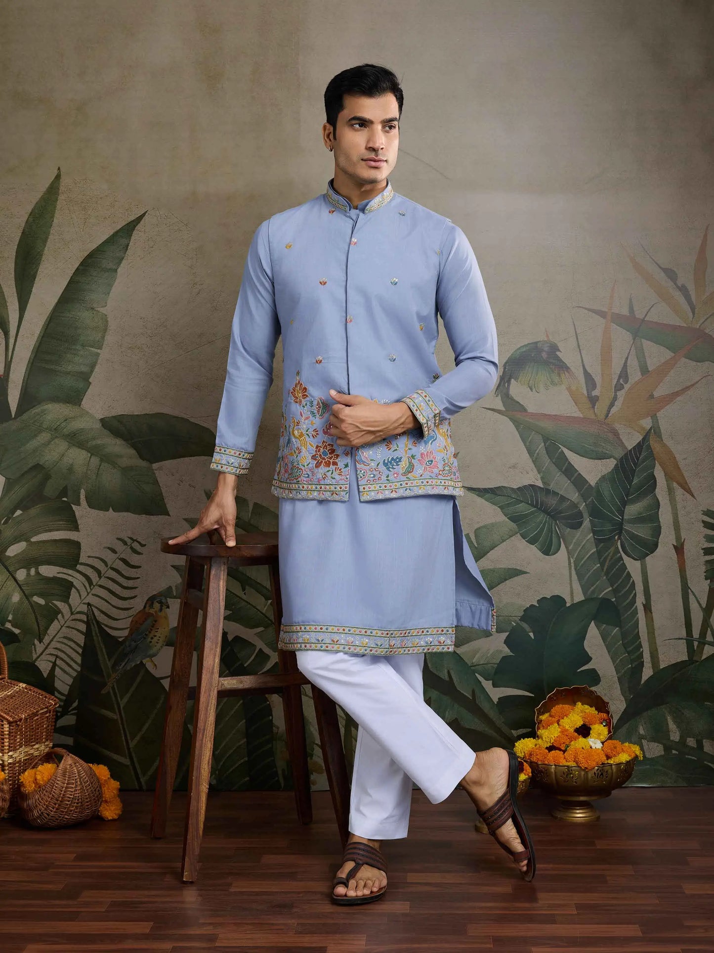 Sky Blue Thread Sequins Embroidery Work Party Wear Kurta And Koti(Jacket)