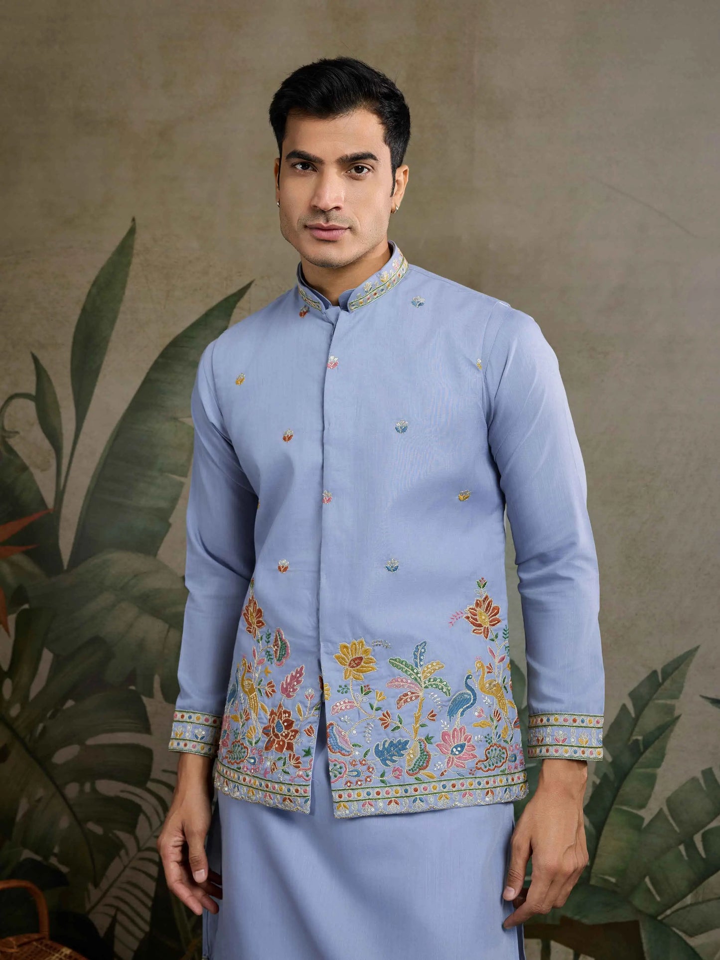 Sky Blue Thread Sequins Embroidery Work Party Wear Kurta And Koti(Jacket)