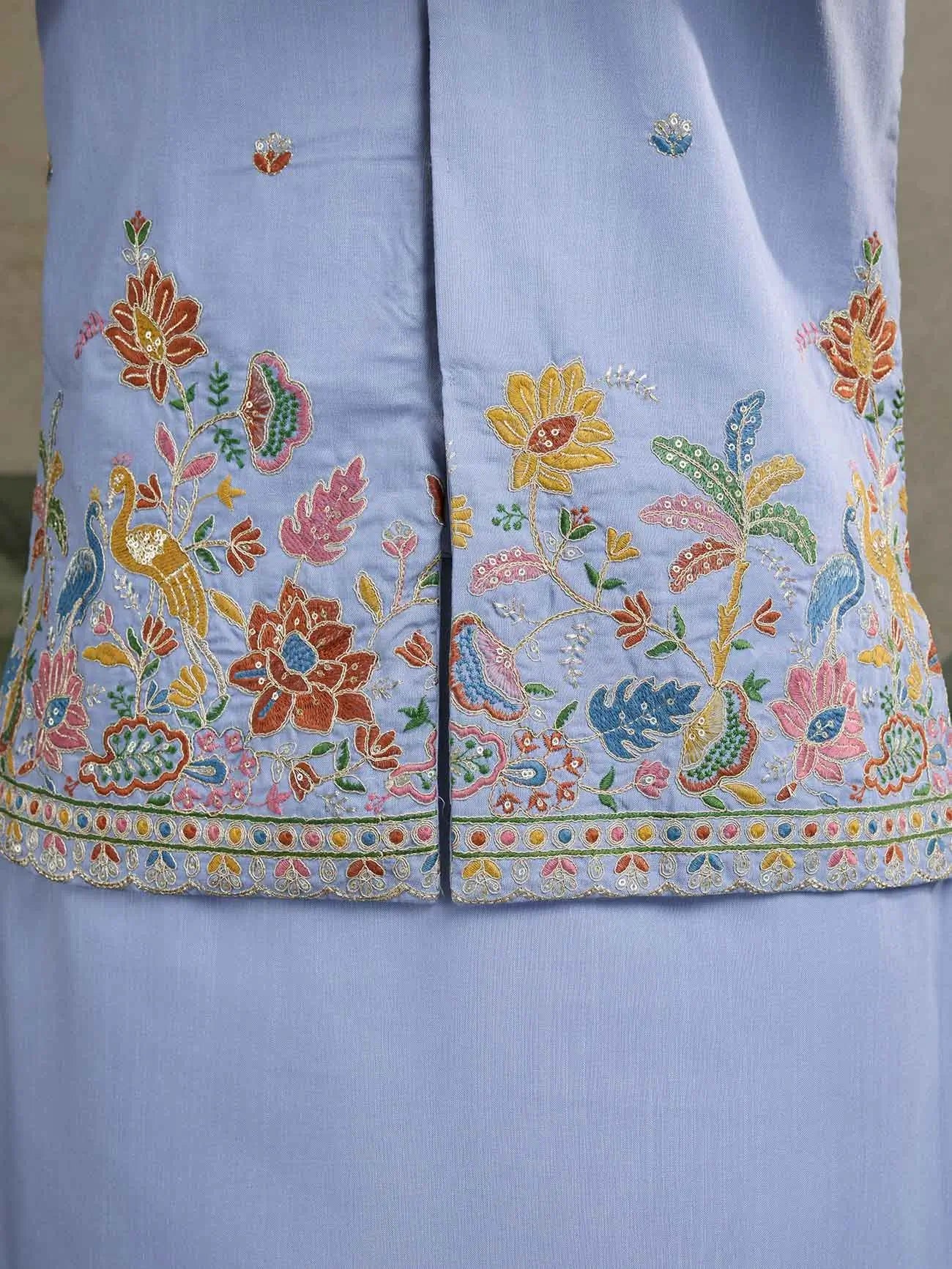 Sky Blue Thread Sequins Embroidery Work Party Wear Kurta And Koti(Jacket)