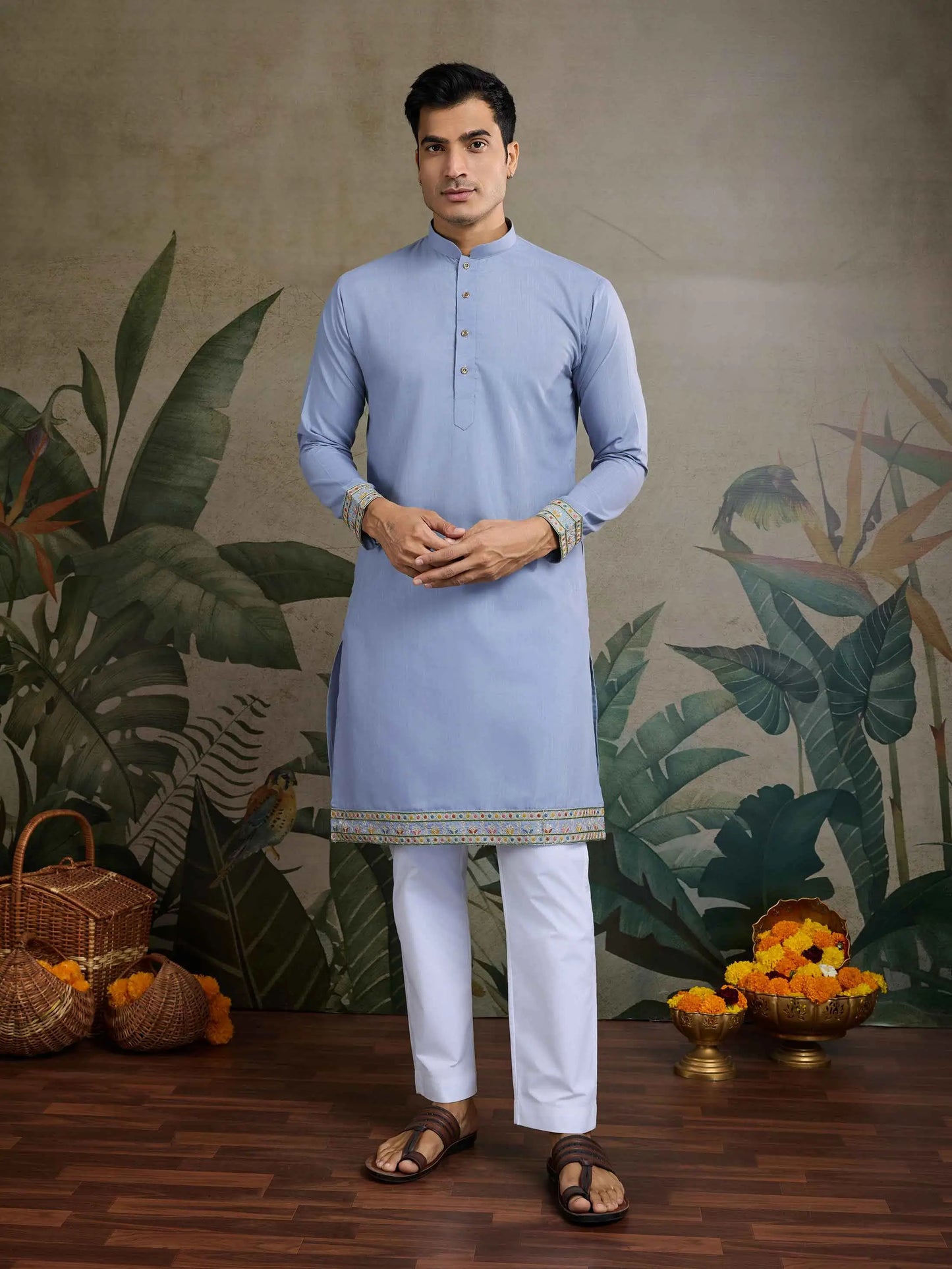 Sky Blue Thread Sequins Embroidery Work Party Wear Kurta And Koti(Jacket)