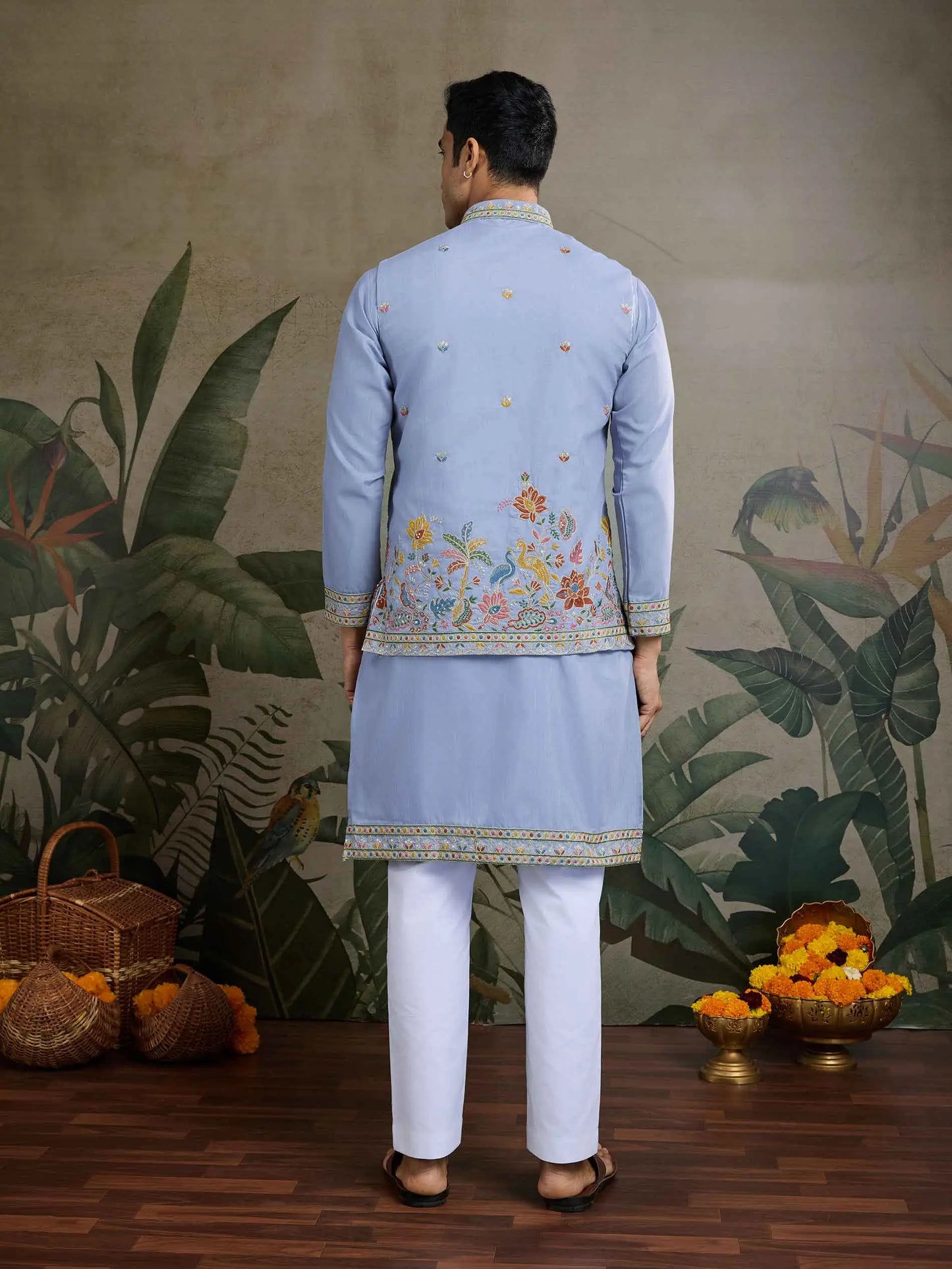 Sky Blue Thread Sequins Embroidery Work Party Wear Kurta And Koti(Jacket)