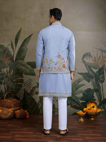 Sky Blue Thread Sequins Embroidery Work Party Wear Kurta And Koti(Jacket)