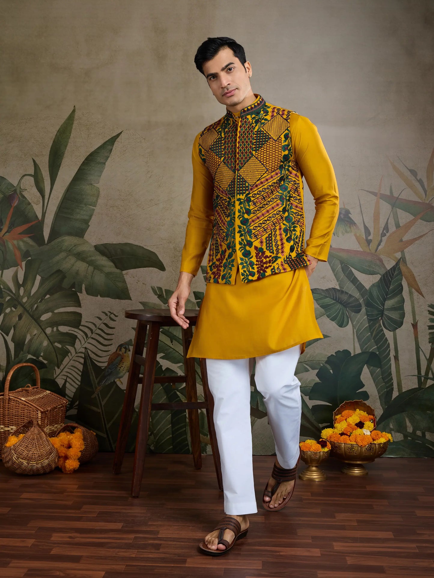 Yellow Silk Thread & Swarovski Embroidered Work Kurta Set With Koti (Jacket)