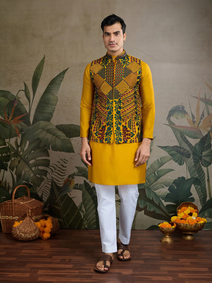 Yellow Silk Thread & Swarovski Embroidered Work Kurta Set With Koti (Jacket)