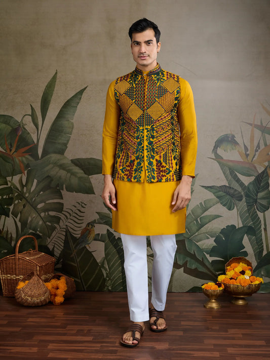 Yellow Silk Thread & Swarovski Embroidered Work Kurta Set With Koti (Jacket)