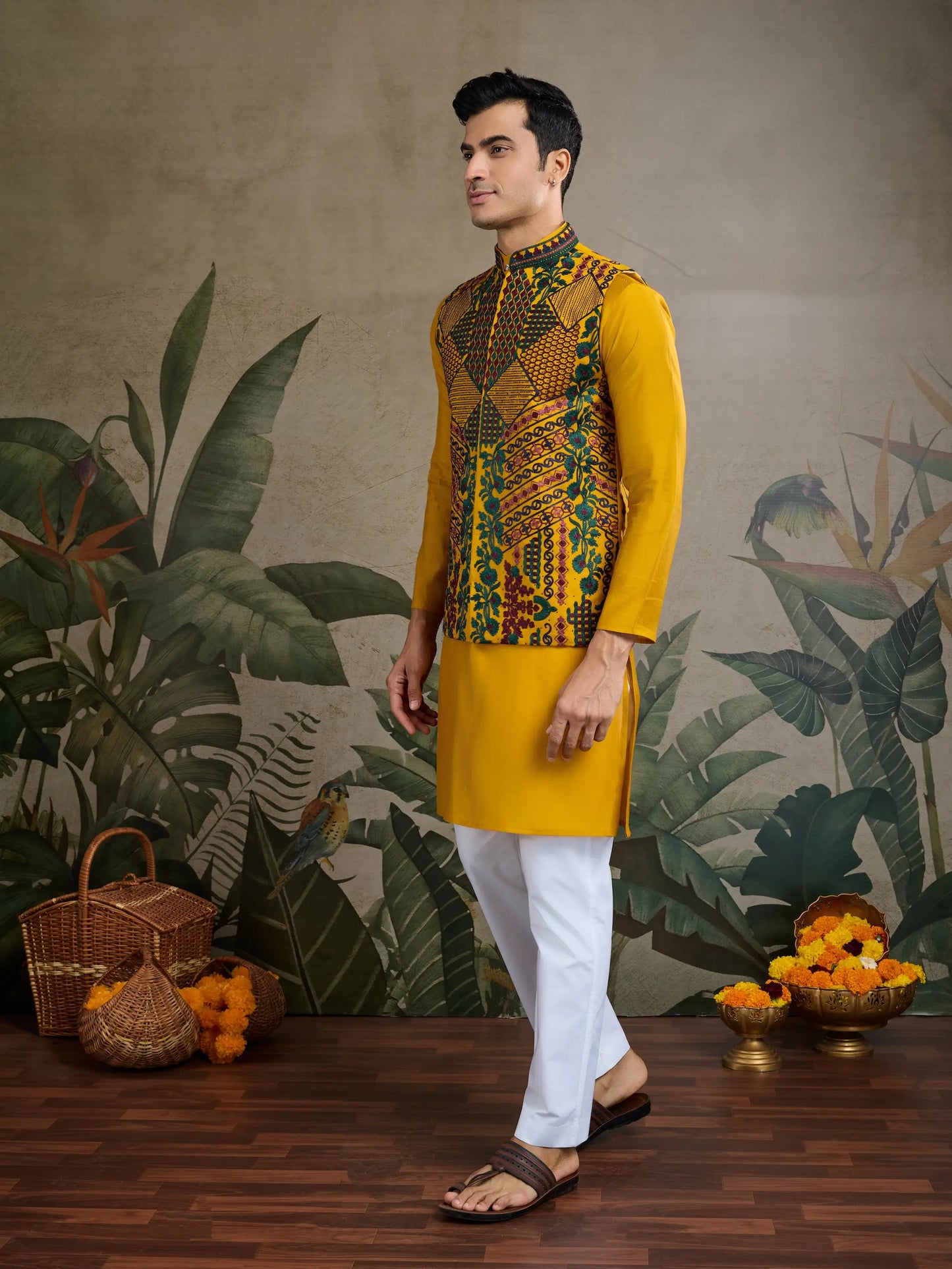 Yellow Silk Thread & Swarovski Embroidered Work Kurta Set With Koti (Jacket)