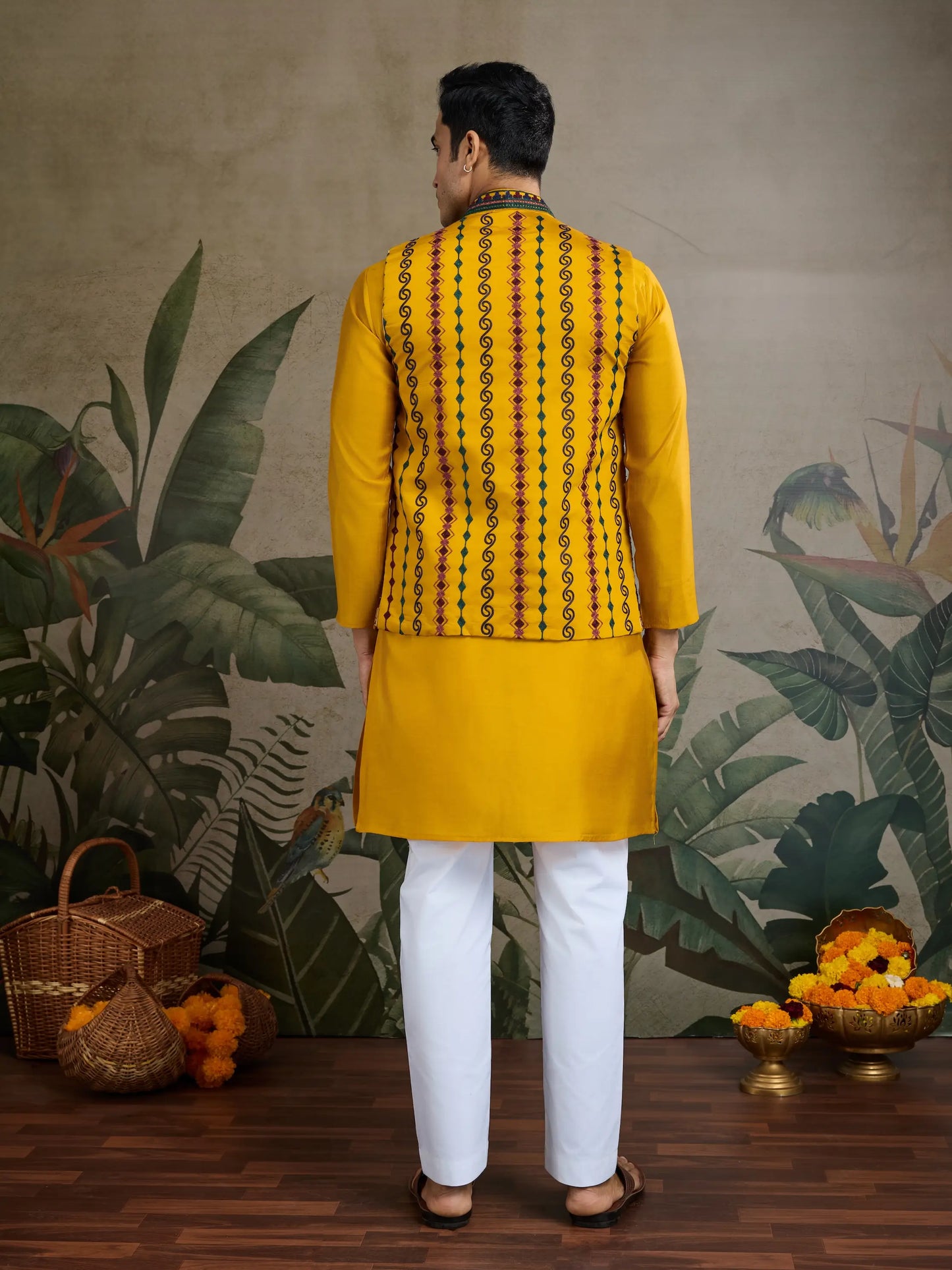 Yellow Silk Thread & Swarovski Embroidered Work Kurta Set With Koti (Jacket)