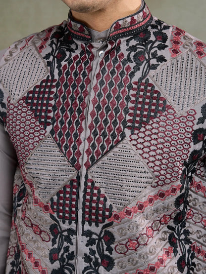 Grey Silk Thread & Swarovski Embroidered Work Kurta Set With Koti (Jacket)