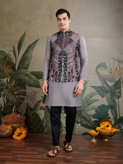 Grey Silk Thread & Swarovski Embroidered Work Kurta Set With Koti (Jacket)