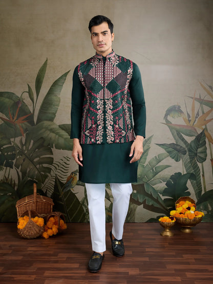 Green Silk Thread & Swarovski Embroidered Work Kurta Set With Koti (Jacket)