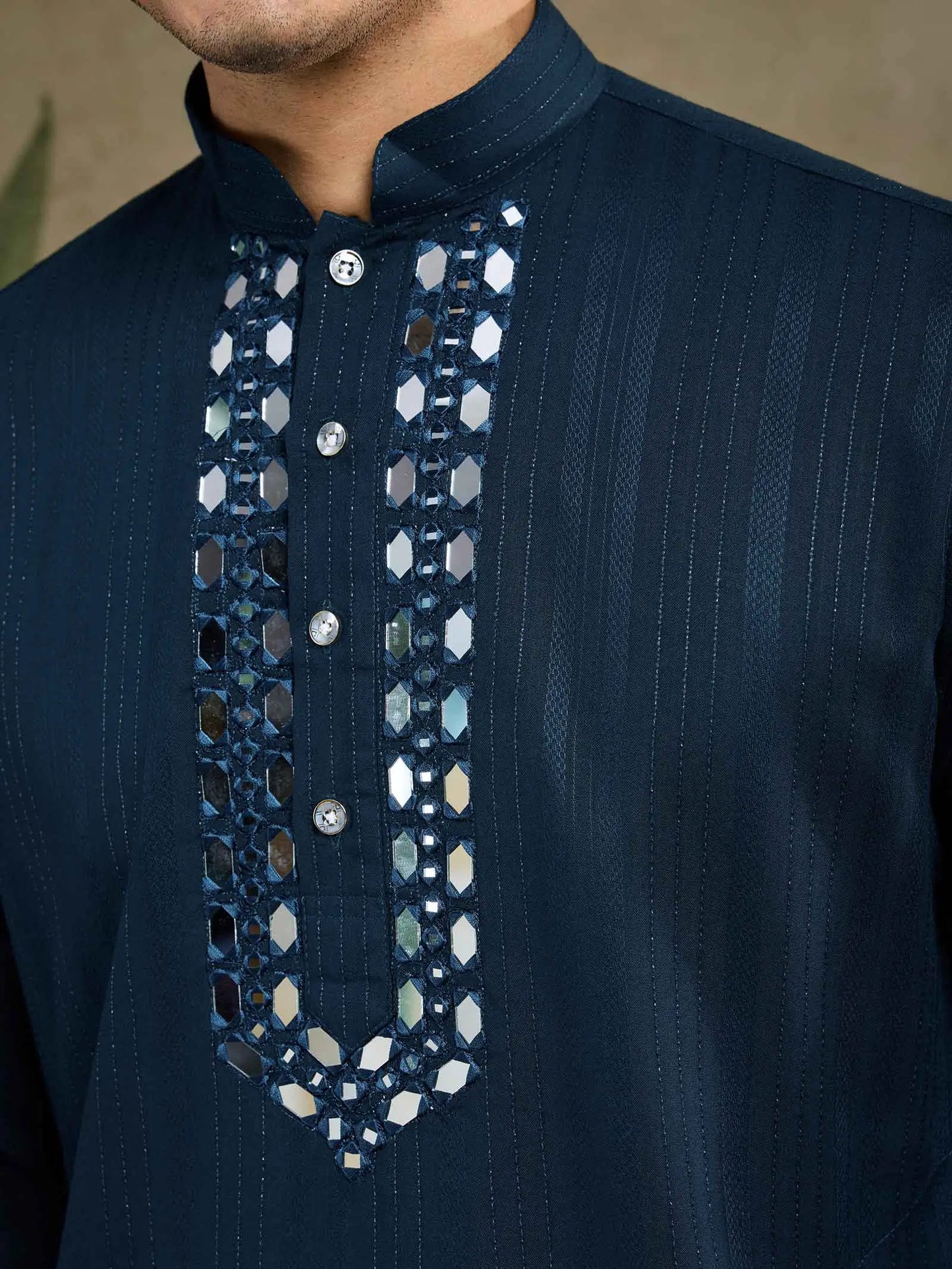 Teal Blue Mirror Work And Zari Work Rayon Kurta With Printed Dupatta & Pant