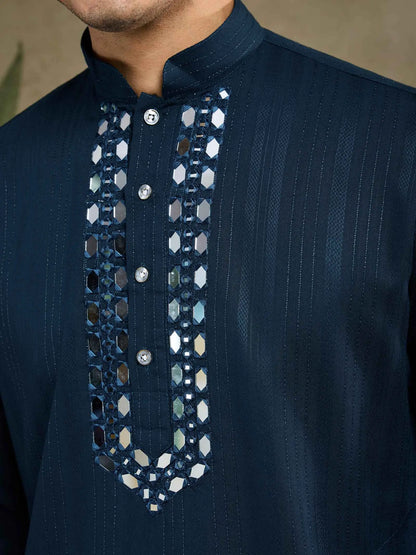 Teal Blue Mirror Work And Zari Work Rayon Kurta With Printed Dupatta & Pant