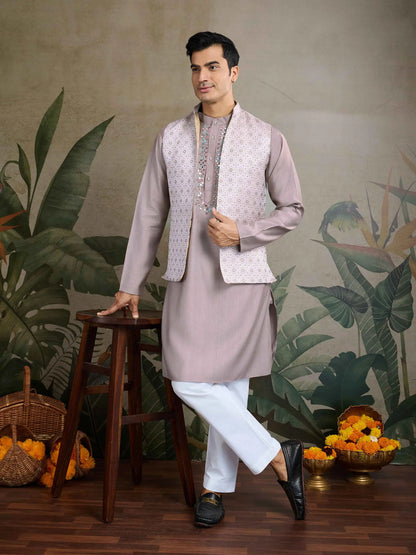 Ivory Real Mirror Thread Work Kurta With Jacquard Design Work Koti(Jacket)