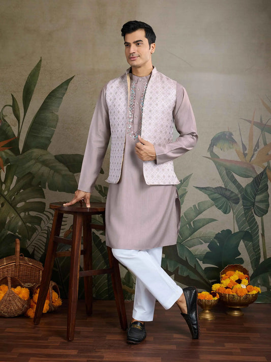 Ivory Real Mirror Thread Work Kurta With Jacquard Design Work Koti(Jacket)