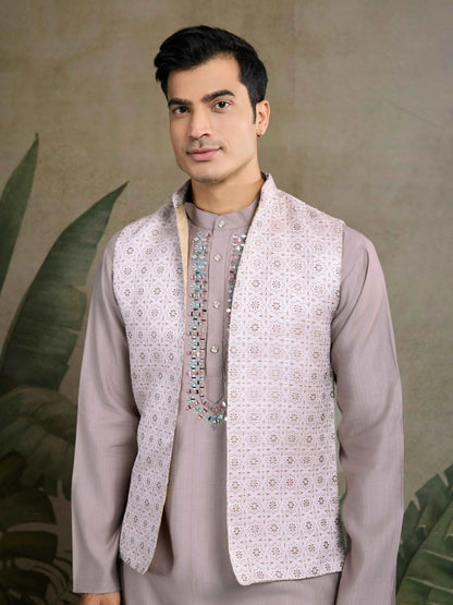 Ivory Real Mirror Thread Work Kurta With Jacquard Design Work Koti(Jacket)